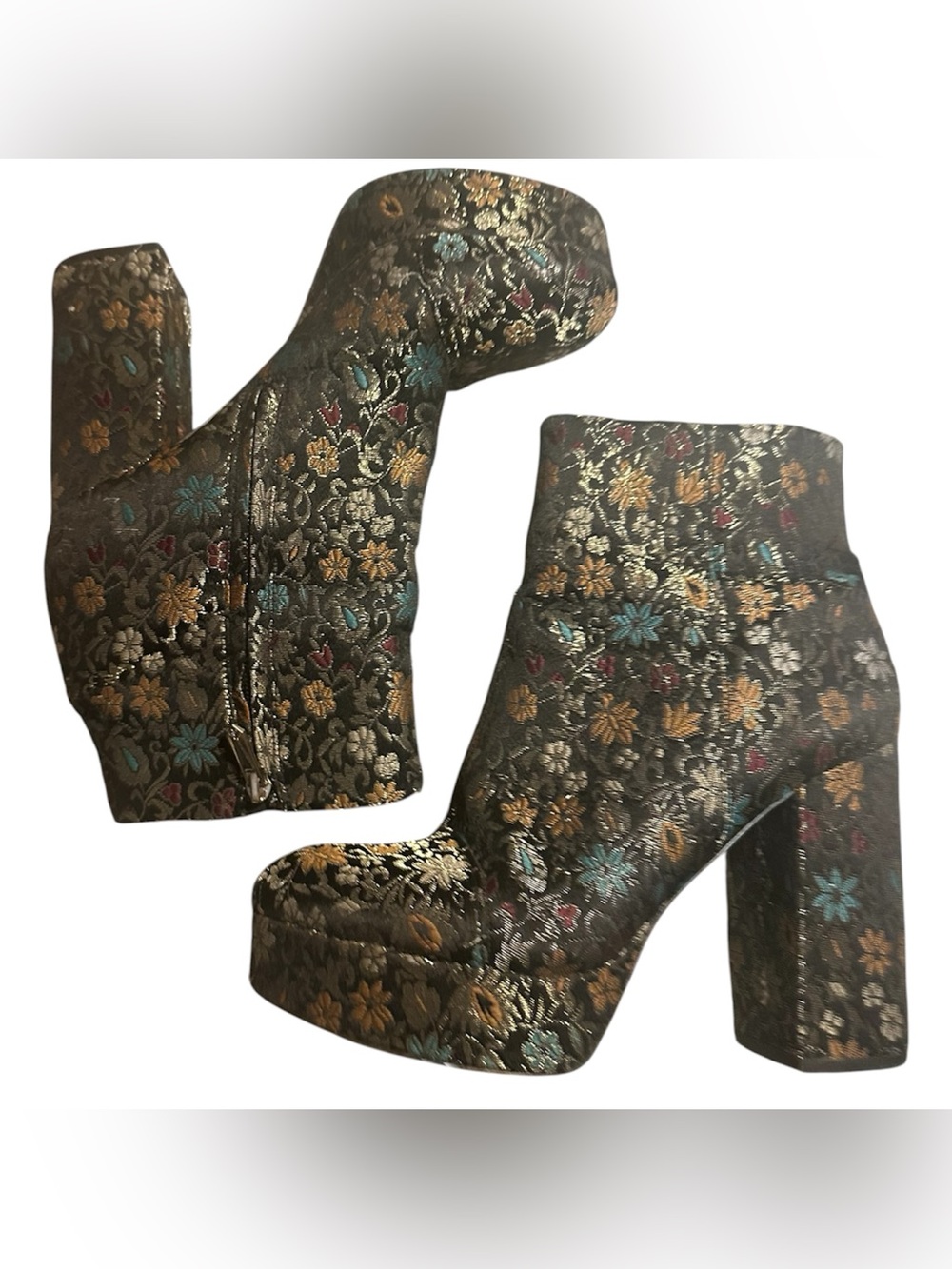 Sam Edelman Azra Black Multi-Color Brocade Floral Tapestry platform Ankle Boots